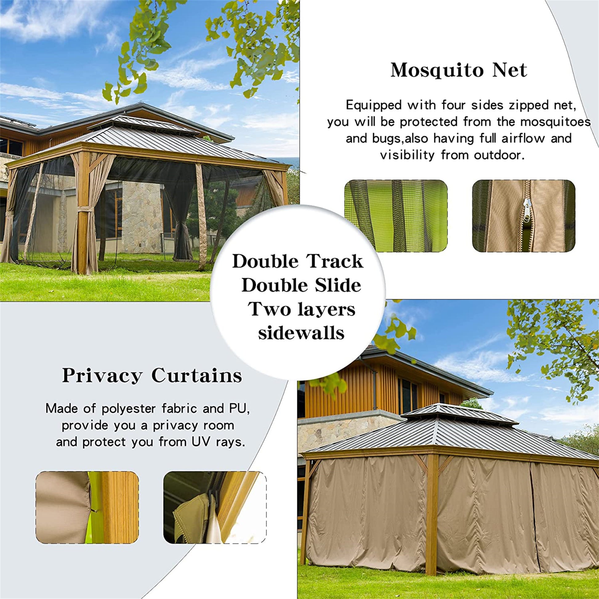 12'X14' Hardtop Gazebo, Wooden Coated Aluminum Frame Canopy With Galvanized Steel Double Roof, Outdoor Permanent Metal Pavilion With Curtains And Netting For Patio, Deck And Lawn Wood Looking Yellow Brown Aluminium