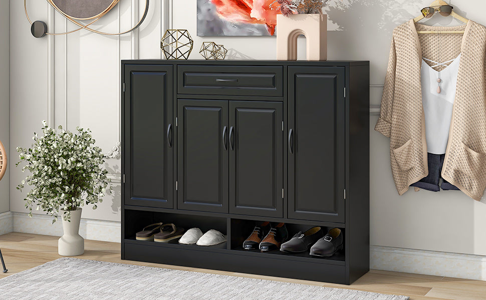 Sleek And Modern Shoe Cabinet With Adjustable Shelves, Minimalist Shoe Storage Organizer With Sturdy Top Surface, Space Saving Design Side Board For Various Sizes Of Items, Black Square 3 4 Spaces