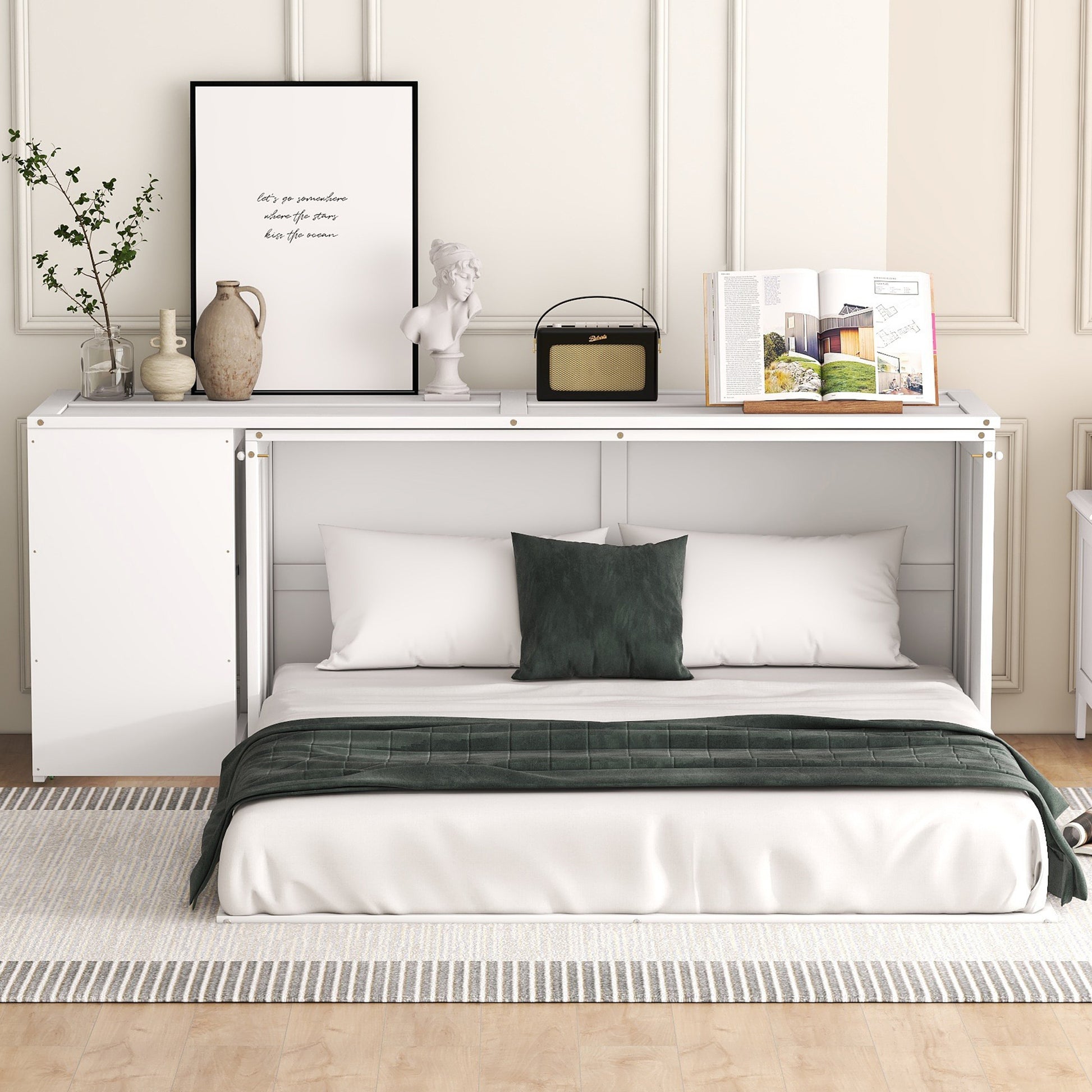 Queen Size Murphy Bed With Rotable Desk, White Box Spring Not Required Queen White Wood Bedroom Pine Bed Frame Solid Wood Mdf