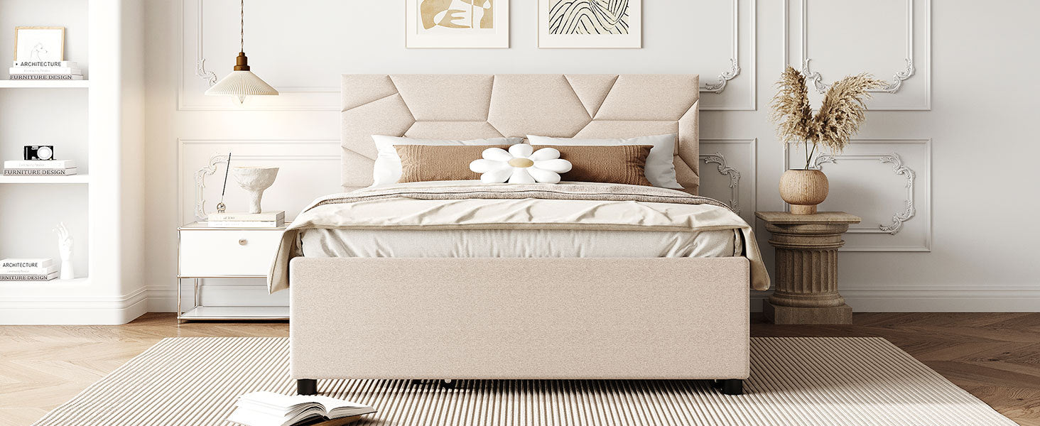Full Size Upholstered Platform Bed With Brick Pattern Headboard And Twin Size Trundle, Linen Fabric, Beige Beige Linen