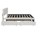 Queen Size Upholstered Platform Bed With Brick Pattern Headboard, With Twin Xl Size Trundle And 2 Drawers, Linen Fabric, Beige Beige Linen
