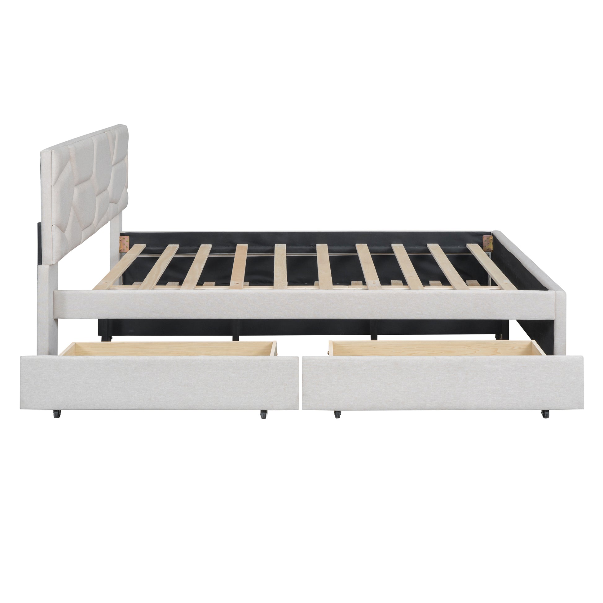 Queen Size Upholstered Platform Bed With Brick Pattern Headboard, With Twin Xl Size Trundle And 2 Drawers, Linen Fabric, Beige Beige Linen
