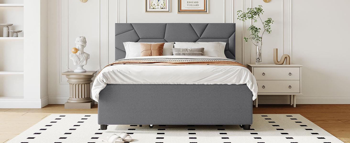 Full Size Upholstered Platform Bed With Brick Pattern Headboard, With Twin Size Trundle And 2 Drawers, Linen Fabric, Gray Gray Linen