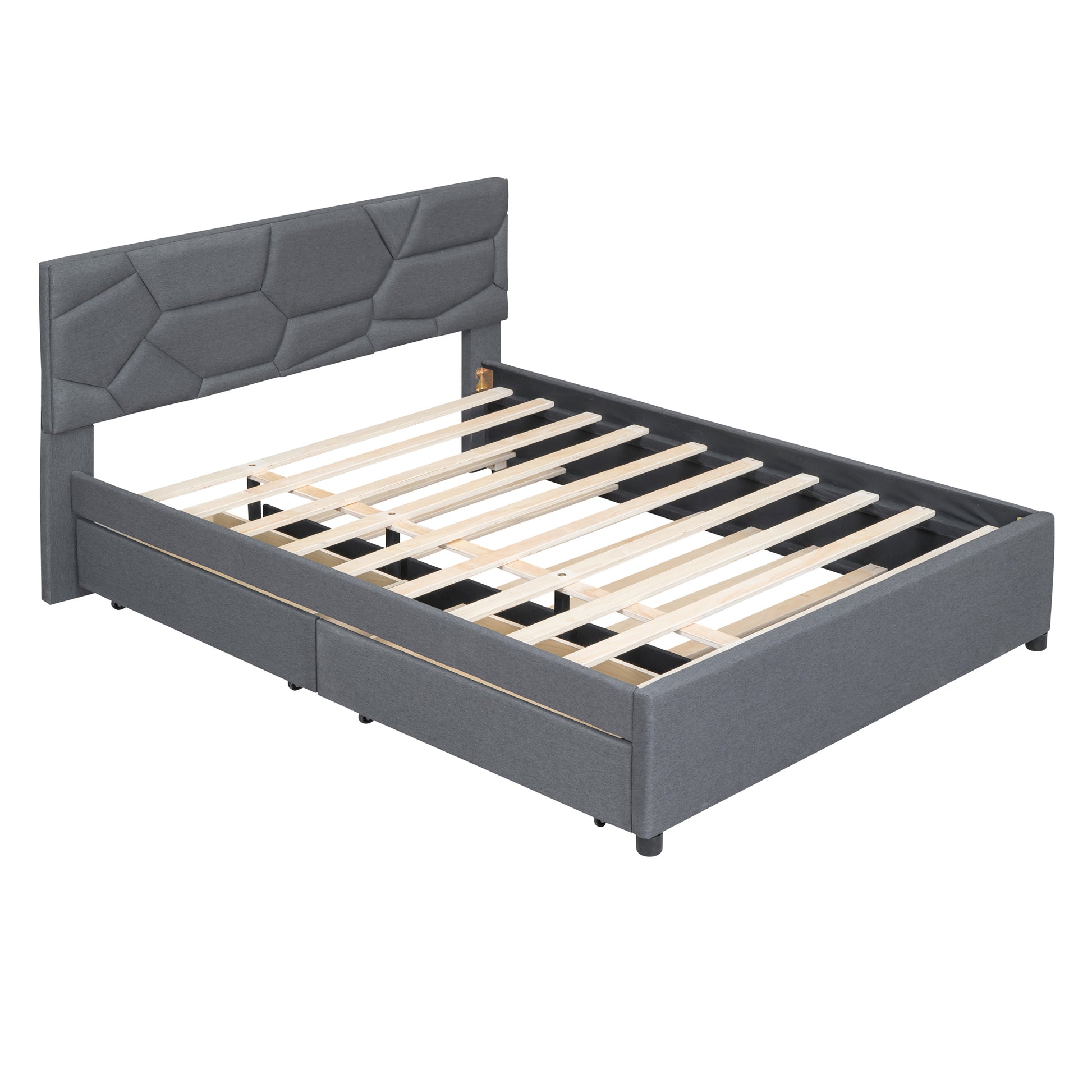 Queen Size Upholstered Platform Bed With Brick Pattern Headboard, With Twin Xl Size Trundle And 2 Drawers, Linen Fabric, Gray Gray Linen