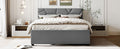 Queen Size Upholstered Platform Bed With Brick Pattern Headboard And Twin Xl Size Trundle, Linen Fabric, Gray Gray Linen