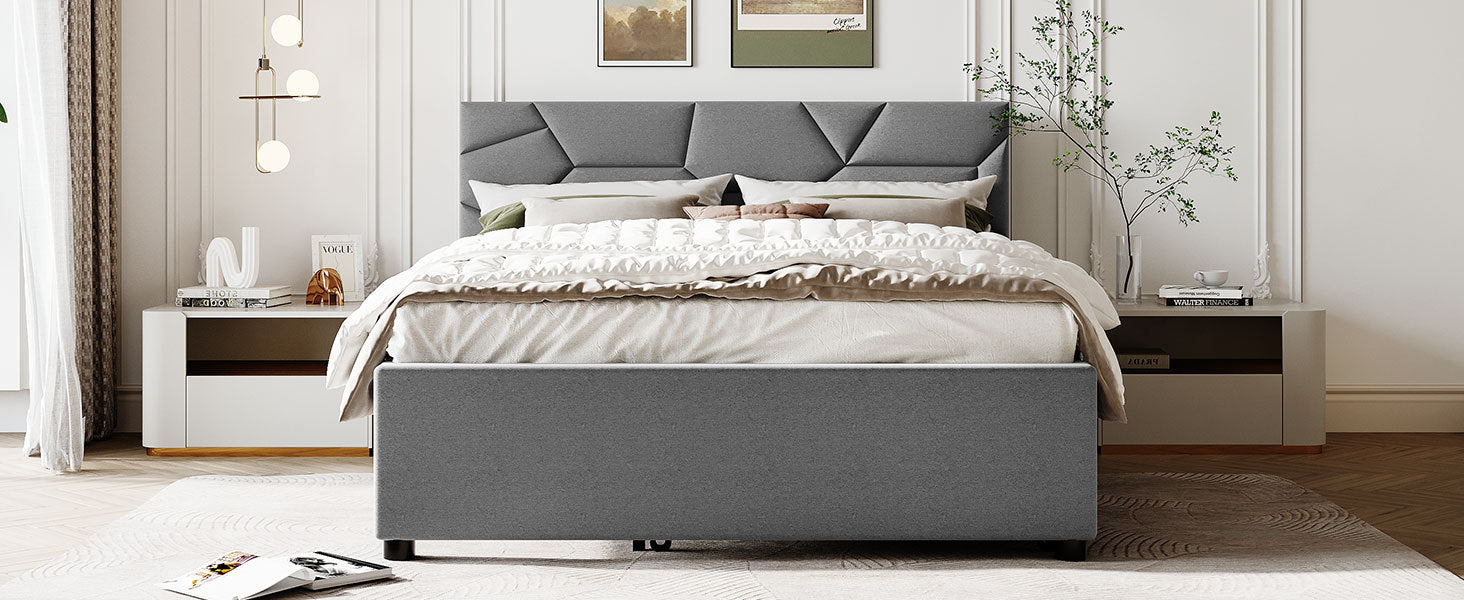 Queen Size Upholstered Platform Bed With Brick Pattern Headboard And Twin Xl Size Trundle, Linen Fabric, Gray Gray Linen