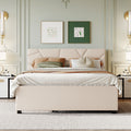 Queen Size Upholstered Platform Bed With Brick Pattern Headboard And Twin Xl Size Trundle, Linen Fabric, Beige Beige Linen