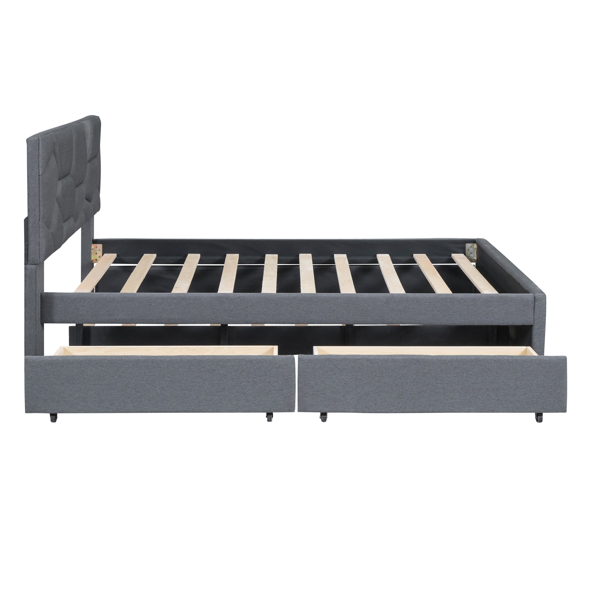 Full Size Upholstered Platform Bed With Brick Pattern Headboard, With Twin Size Trundle And 2 Drawers, Linen Fabric, Gray Gray Linen