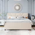 Queen Size Upholstered Platform Bed With Brick Pattern Headboard, With Twin Xl Size Trundle And 2 Drawers, Linen Fabric, Beige Beige Linen