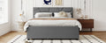 Queen Size Upholstered Platform Bed With Brick Pattern Headboard, With Twin Xl Size Trundle And 2 Drawers, Linen Fabric, Gray Gray Linen