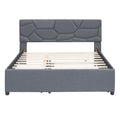 Queen Size Upholstered Platform Bed With Brick Pattern Headboard And Twin Xl Size Trundle, Linen Fabric, Gray Gray Linen