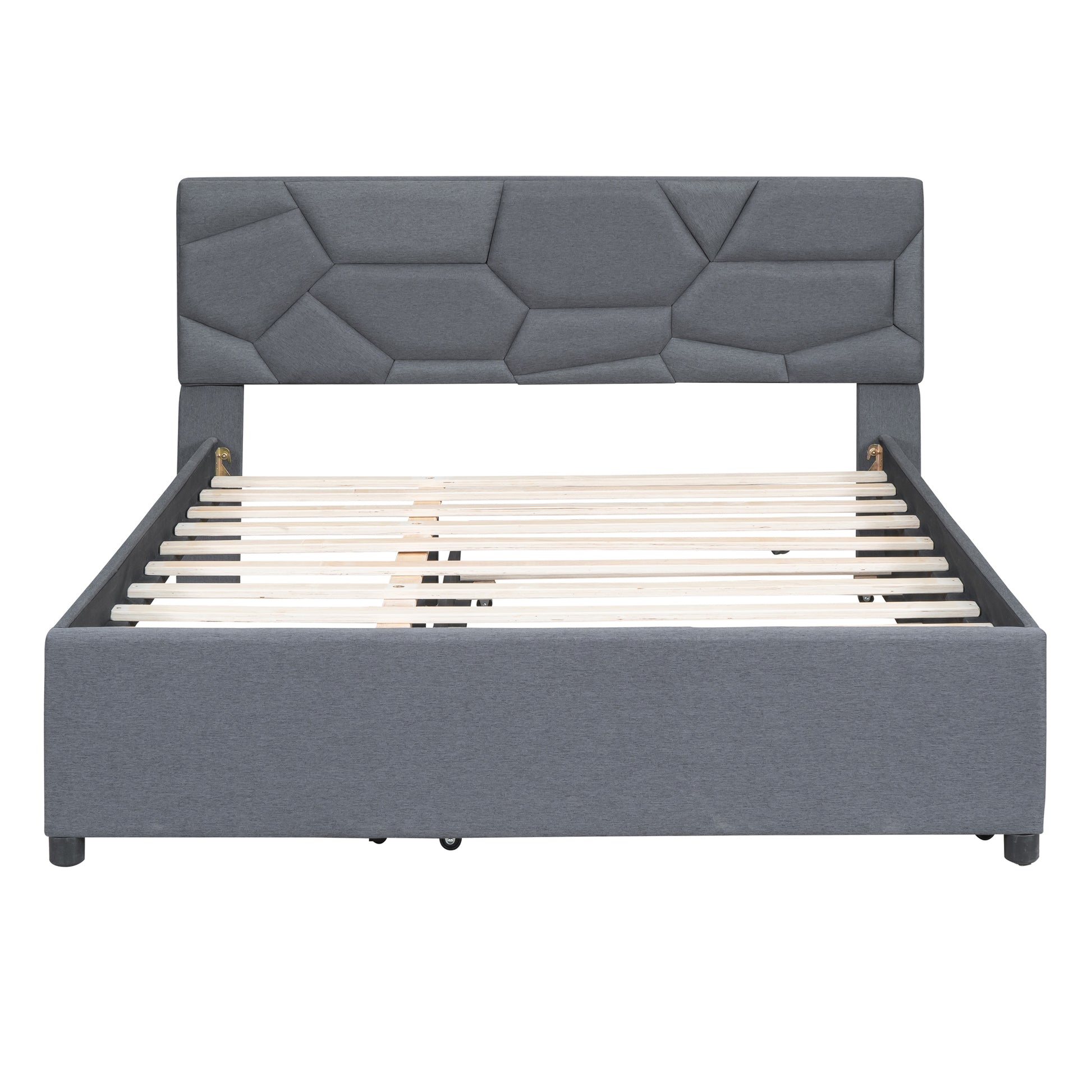 Queen Size Upholstered Platform Bed With Brick Pattern Headboard And Twin Xl Size Trundle, Linen Fabric, Gray Gray Linen