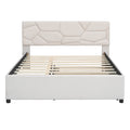 Queen Size Upholstered Platform Bed With Brick Pattern Headboard And Twin Xl Size Trundle, Linen Fabric, Beige Beige Linen