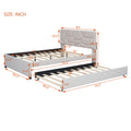 Full Size Upholstered Platform Bed With Brick Pattern Headboard And Twin Size Trundle, Linen Fabric, Beige Beige Linen
