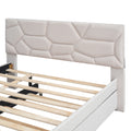 Full Size Upholstered Platform Bed With Brick Pattern Headboard And Twin Size Trundle, Linen Fabric, Beige Beige Linen