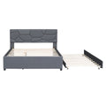 Queen Size Upholstered Platform Bed With Brick Pattern Headboard And Twin Xl Size Trundle, Linen Fabric, Gray Gray Linen