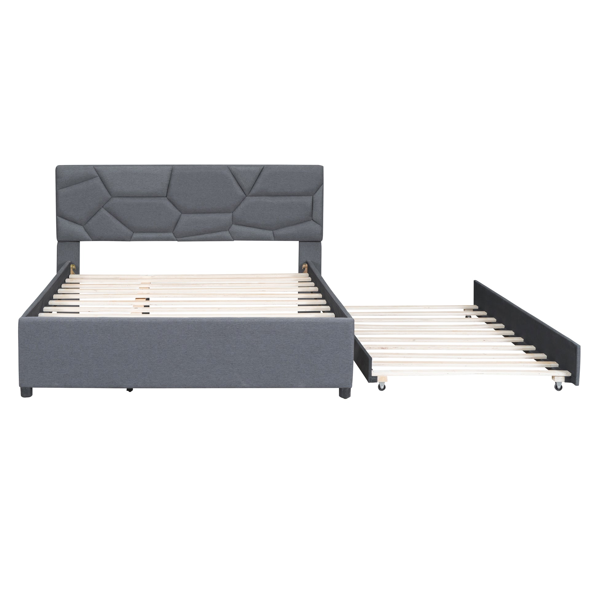 Queen Size Upholstered Platform Bed With Brick Pattern Headboard And Twin Xl Size Trundle, Linen Fabric, Gray Gray Linen