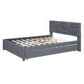 Queen Size Upholstered Platform Bed With Brick Pattern Headboard, With Twin Xl Size Trundle And 2 Drawers, Linen Fabric, Gray Gray Linen