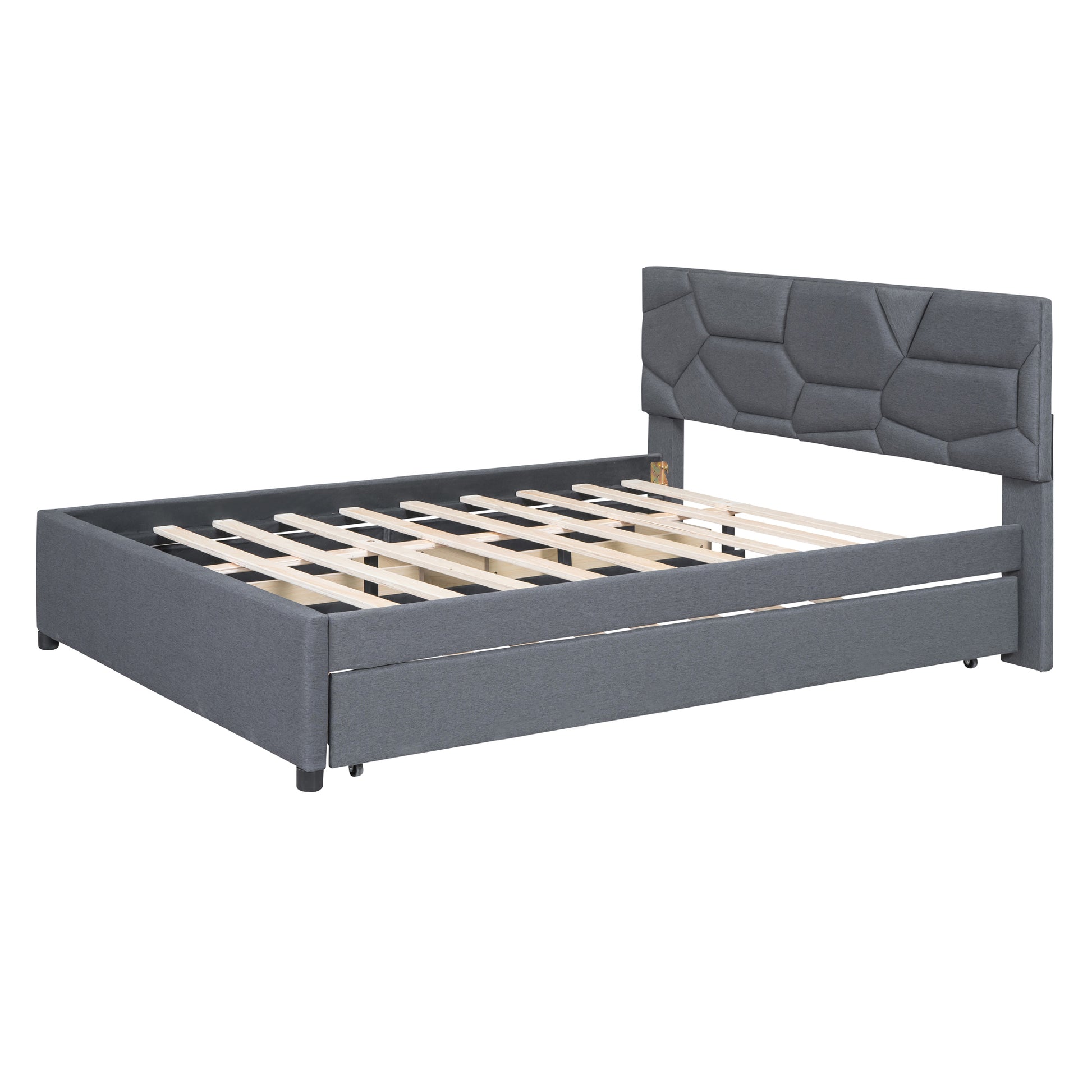 Queen Size Upholstered Platform Bed With Brick Pattern Headboard, With Twin Xl Size Trundle And 2 Drawers, Linen Fabric, Gray Gray Linen