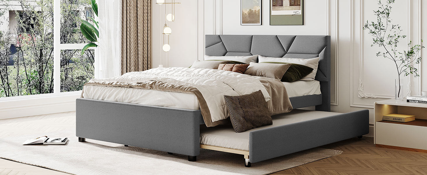 Queen Size Upholstered Platform Bed With Brick Pattern Headboard And Twin Xl Size Trundle, Linen Fabric, Gray Gray Linen