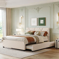 Queen Size Upholstered Platform Bed With Brick Pattern Headboard And Twin Xl Size Trundle, Linen Fabric, Beige Beige Linen