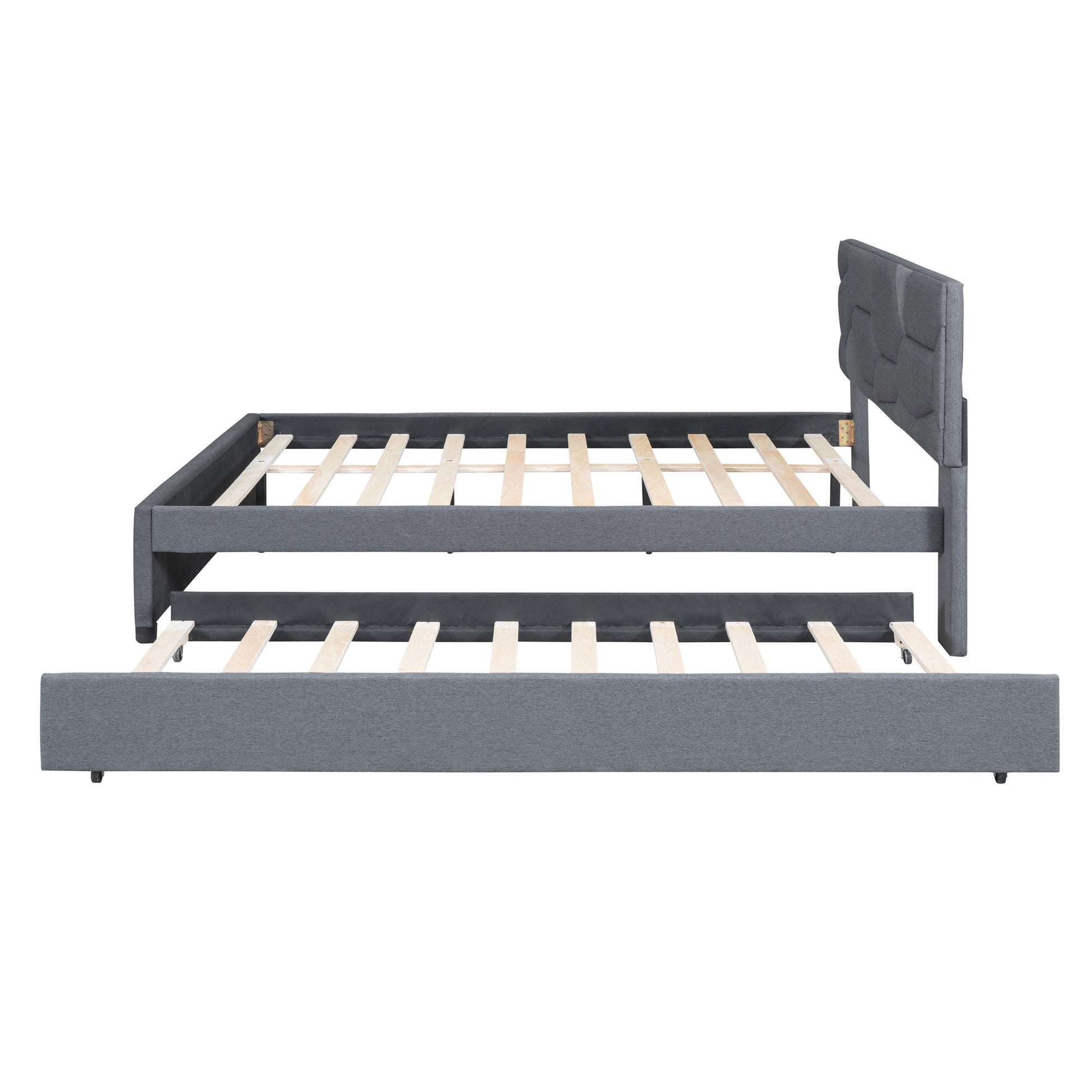 Queen Size Upholstered Platform Bed With Brick Pattern Headboard And Twin Xl Size Trundle, Linen Fabric, Gray Gray Linen