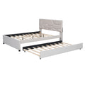 Full Size Upholstered Platform Bed With Brick Pattern Headboard And Twin Size Trundle, Linen Fabric, Beige Beige Linen