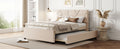 Full Size Upholstered Platform Bed With Brick Pattern Headboard And Twin Size Trundle, Linen Fabric, Beige Beige Linen