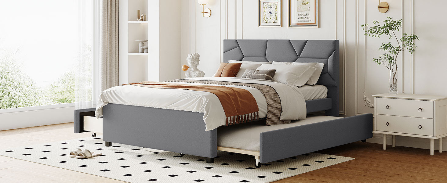 Full Size Upholstered Platform Bed With Brick Pattern Headboard, With Twin Size Trundle And 2 Drawers, Linen Fabric, Gray Gray Linen