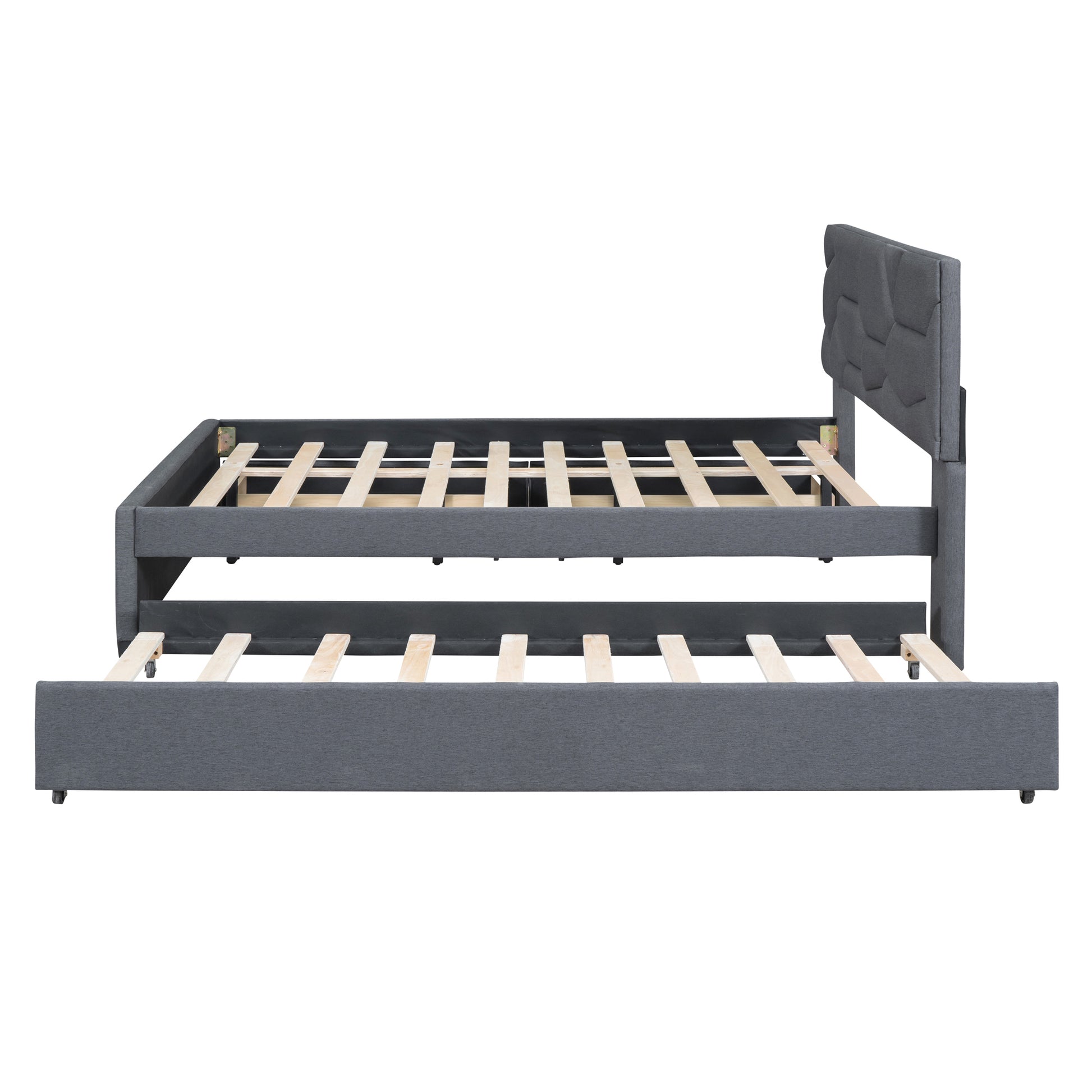 Full Size Upholstered Platform Bed With Brick Pattern Headboard, With Twin Size Trundle And 2 Drawers, Linen Fabric, Gray Gray Linen