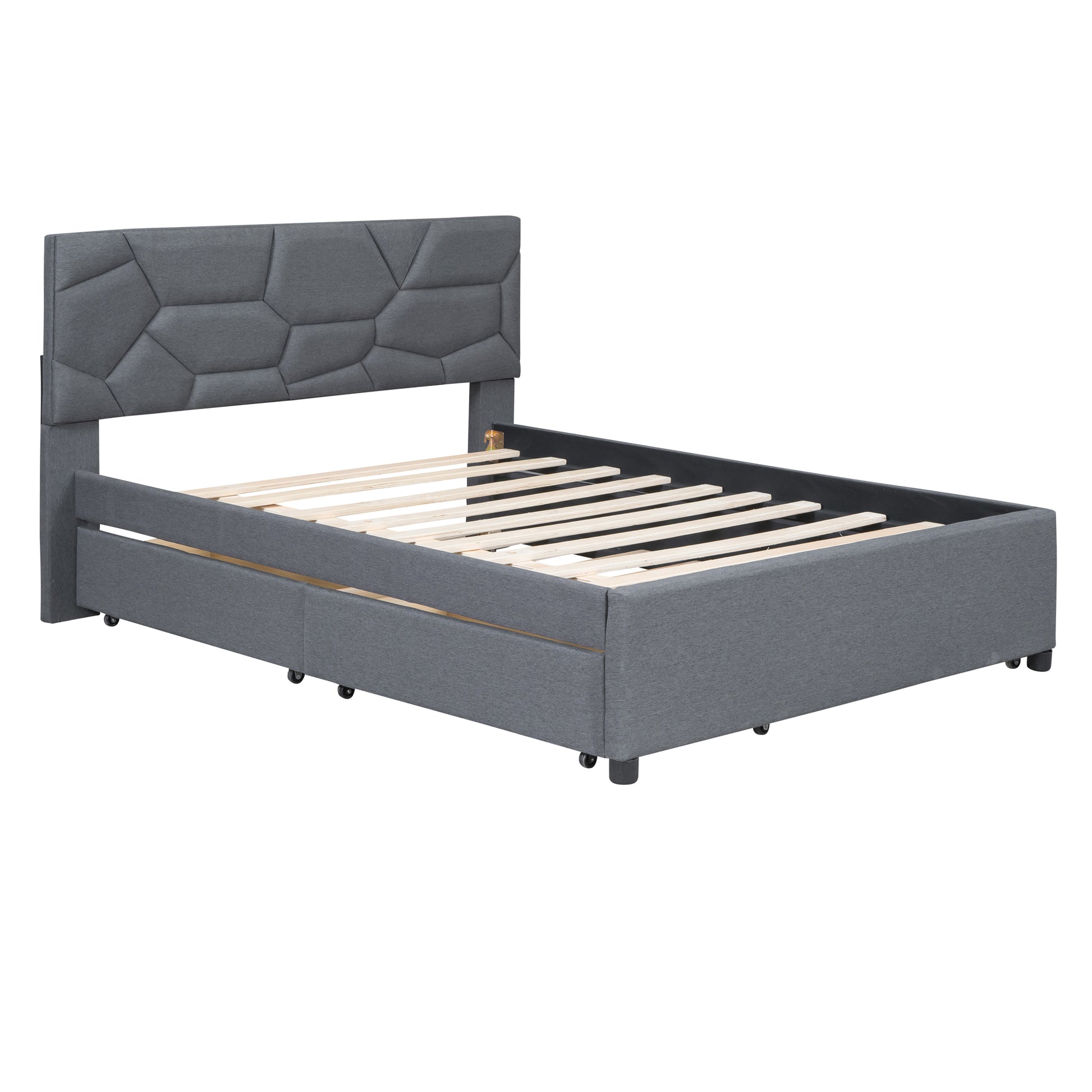 Full Size Upholstered Platform Bed With Brick Pattern Headboard, With Twin Size Trundle And 2 Drawers, Linen Fabric, Gray Gray Linen