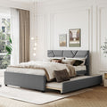 Queen Size Upholstered Platform Bed With Brick Pattern Headboard And Twin Xl Size Trundle, Linen Fabric, Gray Gray Linen