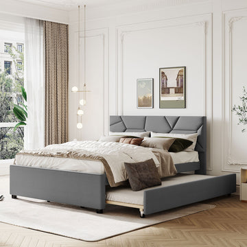 Queen Size Upholstered Platform Bed With Brick Pattern Headboard And Twin Xl Size Trundle, Linen Fabric, Gray Gray Linen