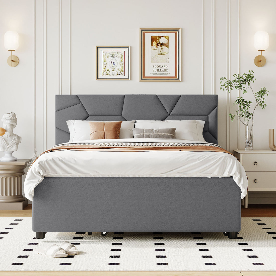 Full Size Upholstered Platform Bed With Brick Pattern Headboard, With Twin Size Trundle And 2 Drawers, Linen Fabric, Gray Gray Linen