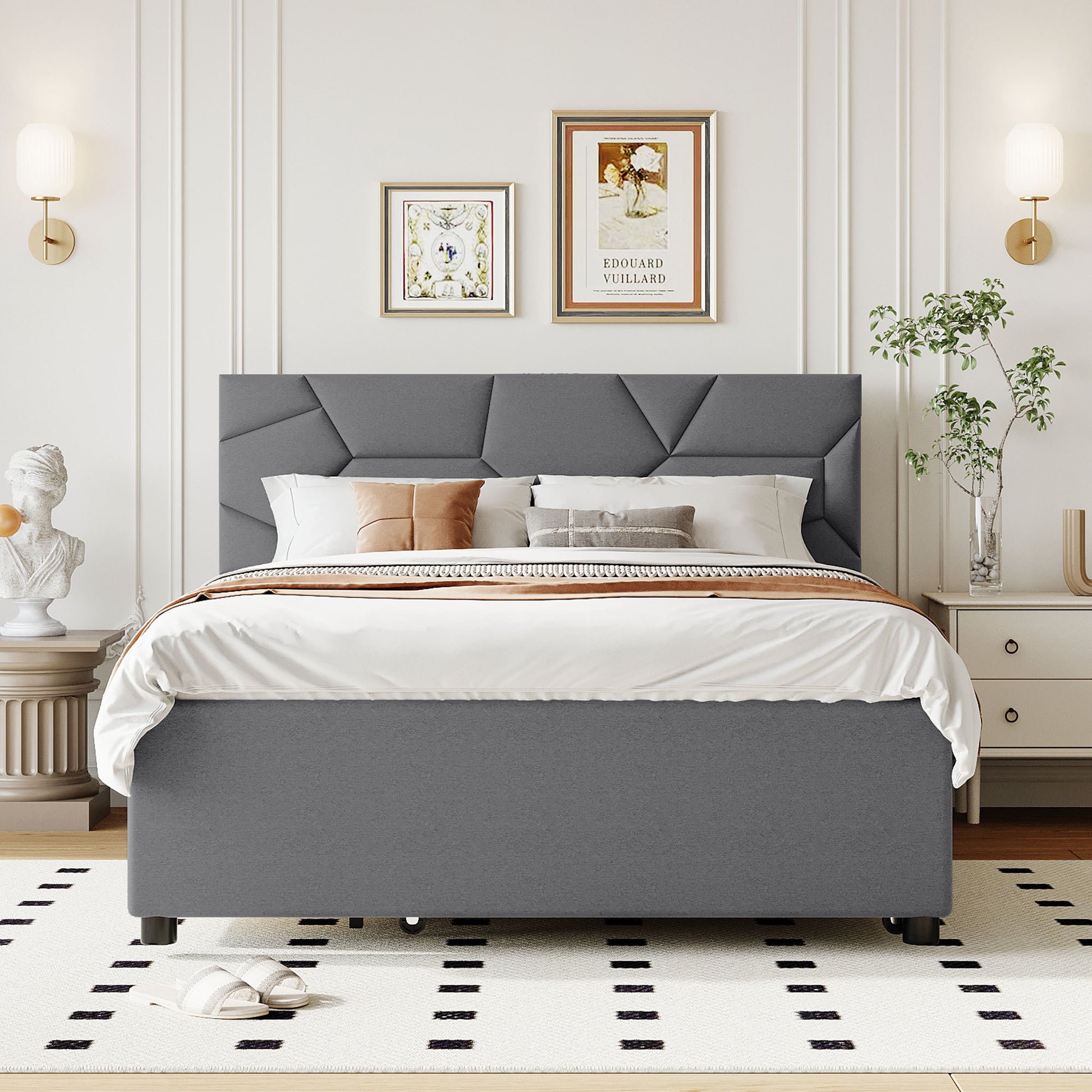 Full Size Upholstered Platform Bed With Brick Pattern Headboard, With Twin Size Trundle And 2 Drawers, Linen Fabric, Gray Gray Linen