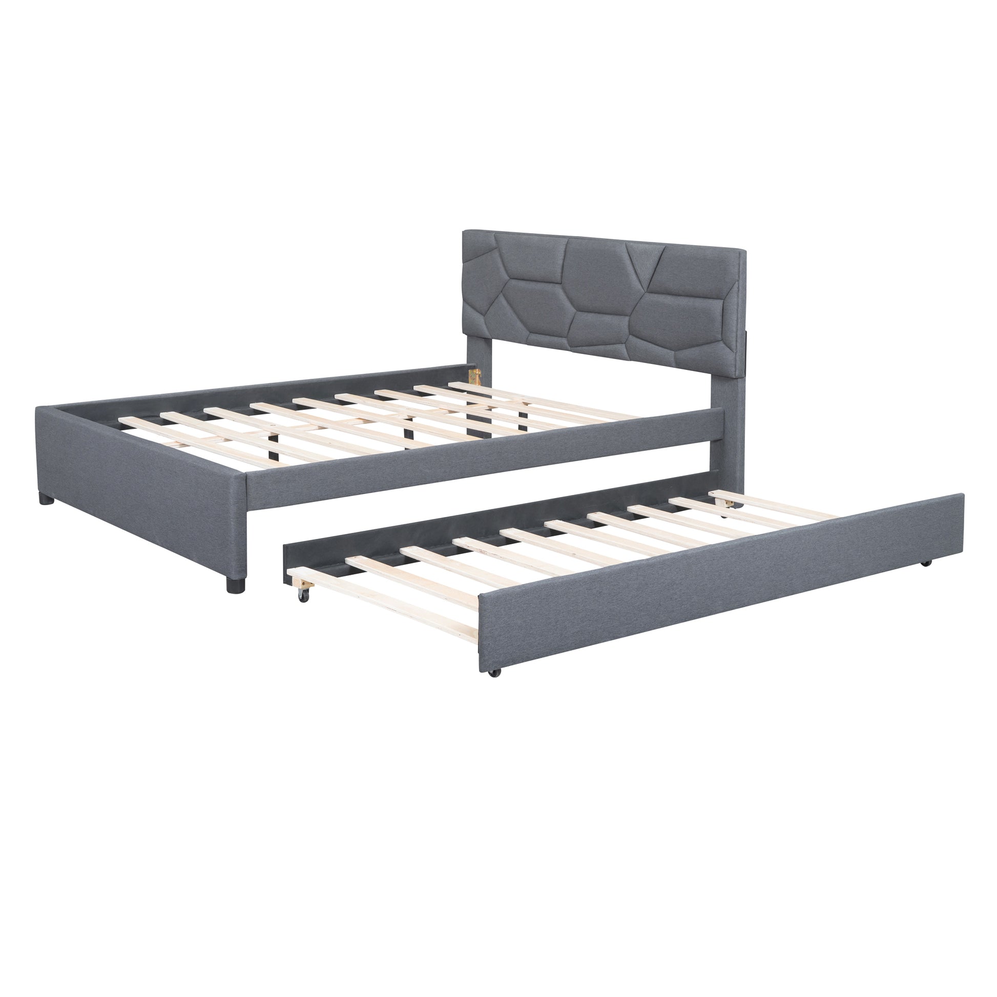 Queen Size Upholstered Platform Bed With Brick Pattern Headboard And Twin Xl Size Trundle, Linen Fabric, Gray Gray Linen
