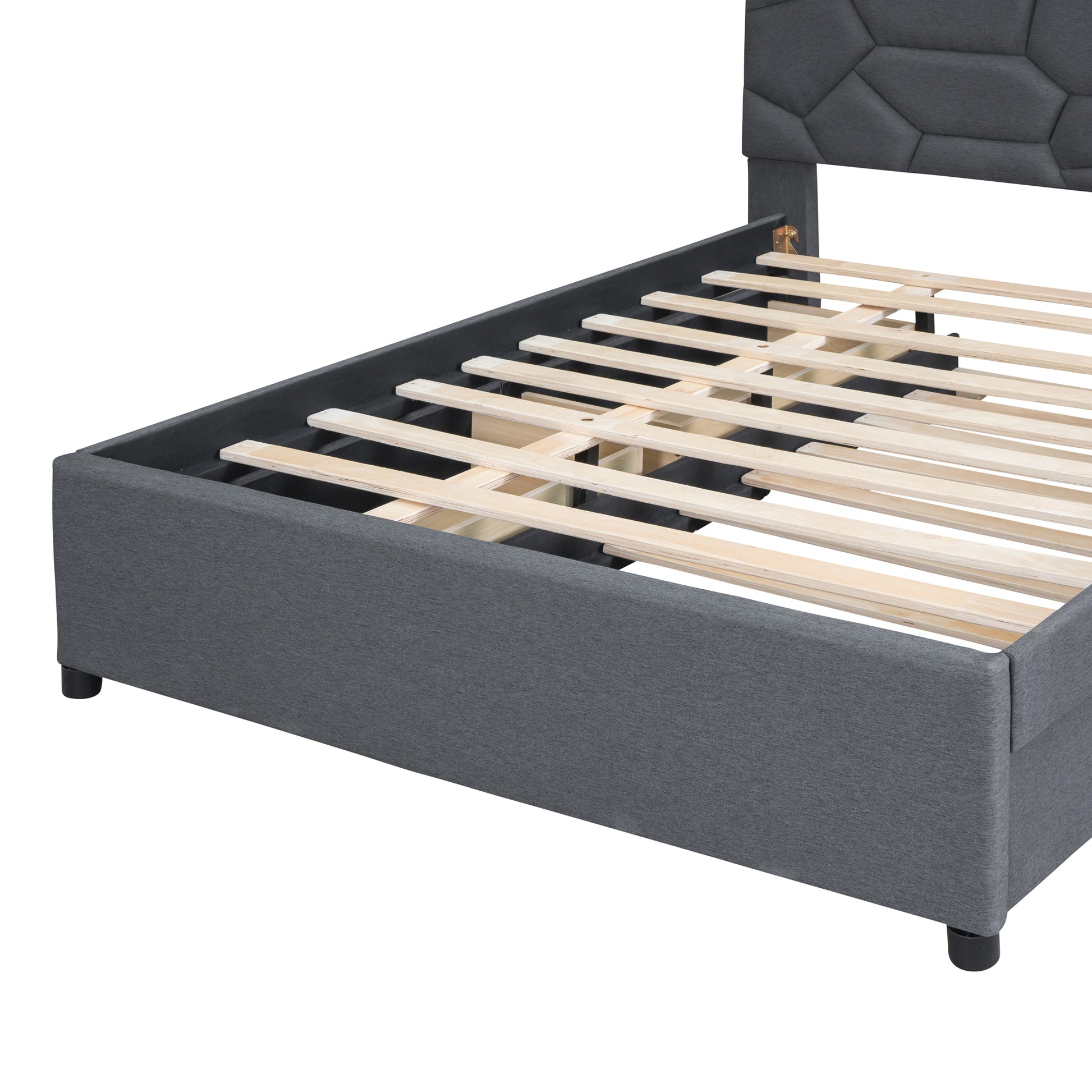 Full Size Upholstered Platform Bed With Brick Pattern Headboard, With Twin Size Trundle And 2 Drawers, Linen Fabric, Gray Gray Linen