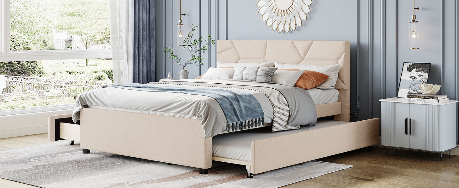Queen Size Upholstered Platform Bed With Brick Pattern Headboard, With Twin Xl Size Trundle And 2 Drawers, Linen Fabric, Beige Beige Linen