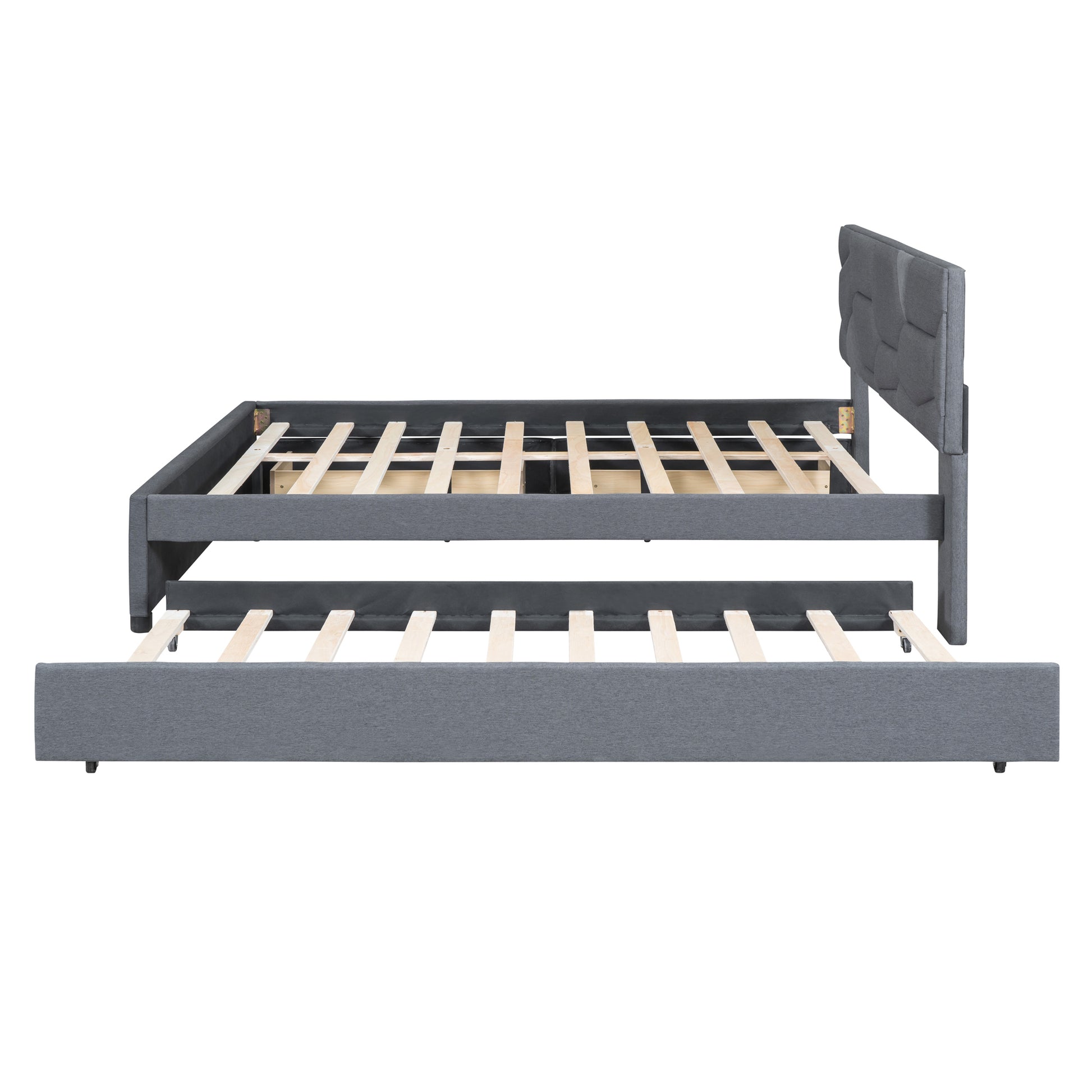 Queen Size Upholstered Platform Bed With Brick Pattern Headboard, With Twin Xl Size Trundle And 2 Drawers, Linen Fabric, Gray Gray Linen