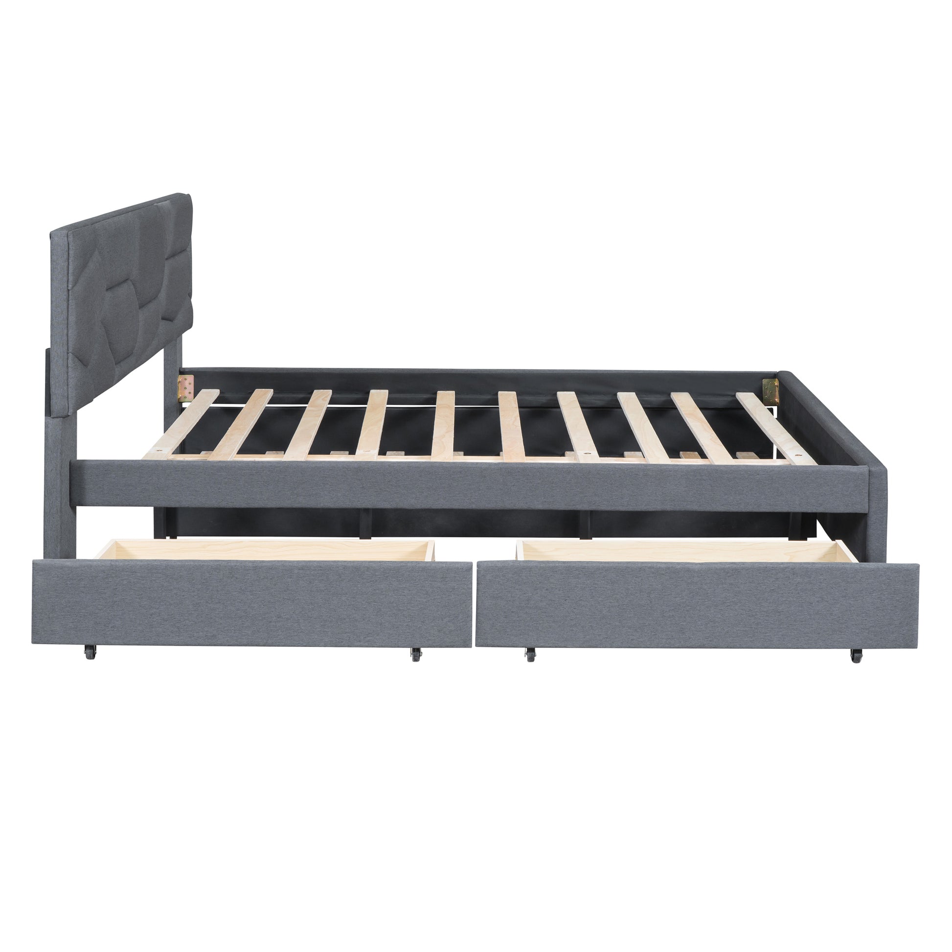 Queen Size Upholstered Platform Bed With Brick Pattern Headboard, With Twin Xl Size Trundle And 2 Drawers, Linen Fabric, Gray Gray Linen