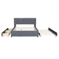 Queen Size Upholstered Platform Bed With Brick Pattern Headboard, With Twin Xl Size Trundle And 2 Drawers, Linen Fabric, Gray Gray Linen