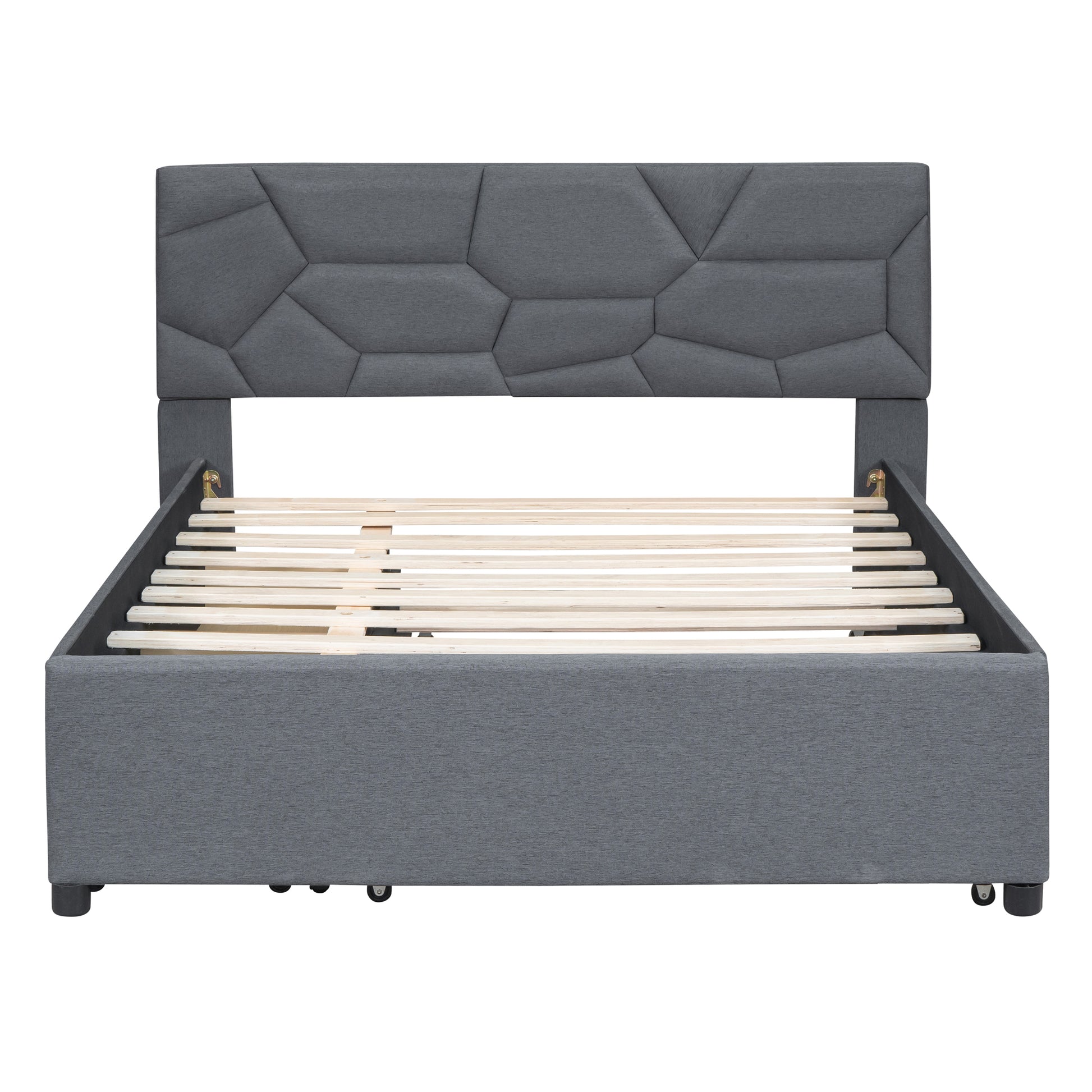 Full Size Upholstered Platform Bed With Brick Pattern Headboard, With Twin Size Trundle And 2 Drawers, Linen Fabric, Gray Gray Linen