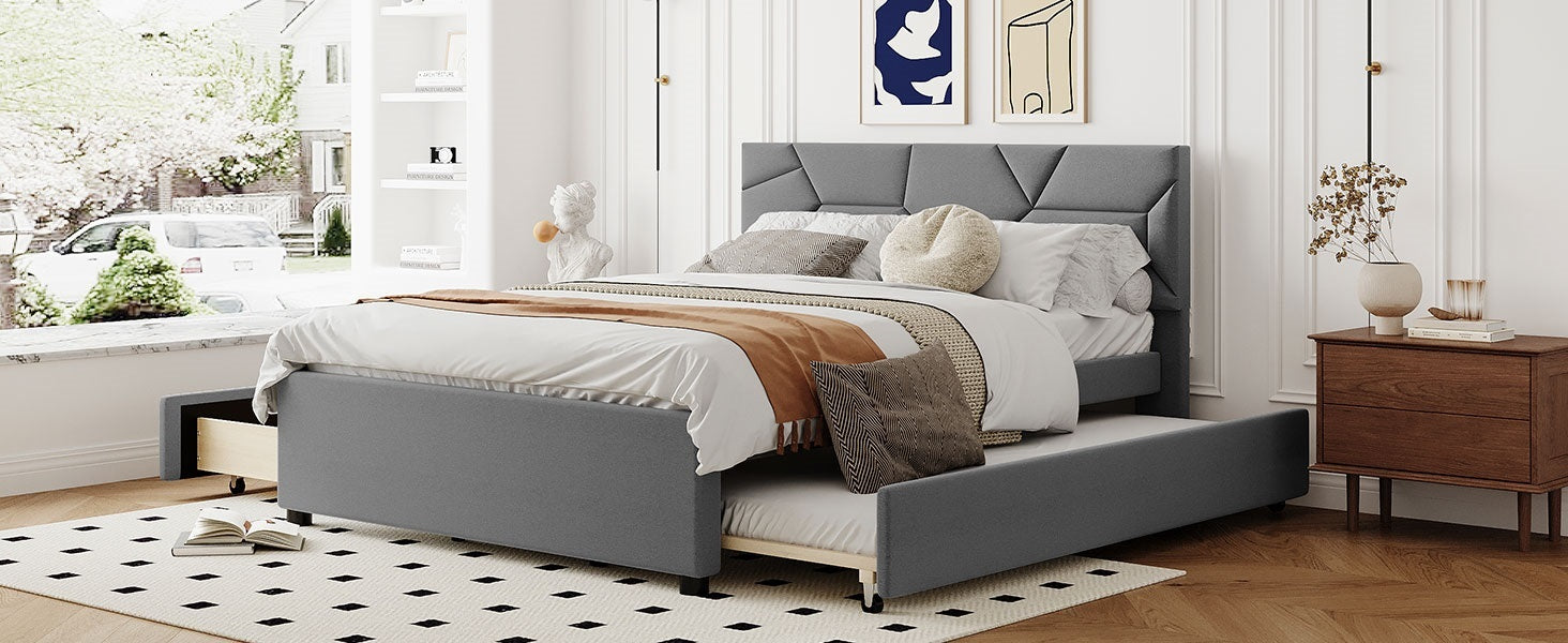 Queen Size Upholstered Platform Bed With Brick Pattern Headboard, With Twin Xl Size Trundle And 2 Drawers, Linen Fabric, Gray Gray Linen
