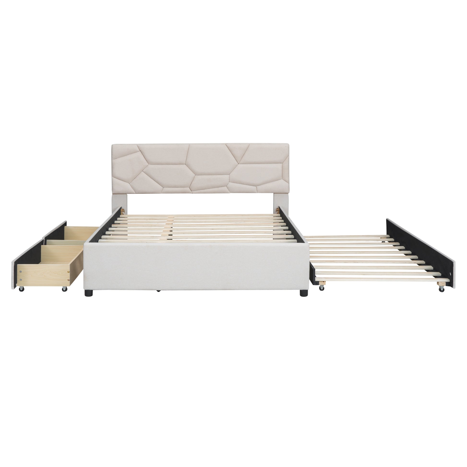 Queen Size Upholstered Platform Bed With Brick Pattern Headboard, With Twin Xl Size Trundle And 2 Drawers, Linen Fabric, Beige Beige Linen