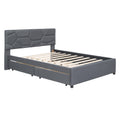 Queen Size Upholstered Platform Bed With Brick Pattern Headboard, With Twin Xl Size Trundle And 2 Drawers, Linen Fabric, Gray Gray Linen