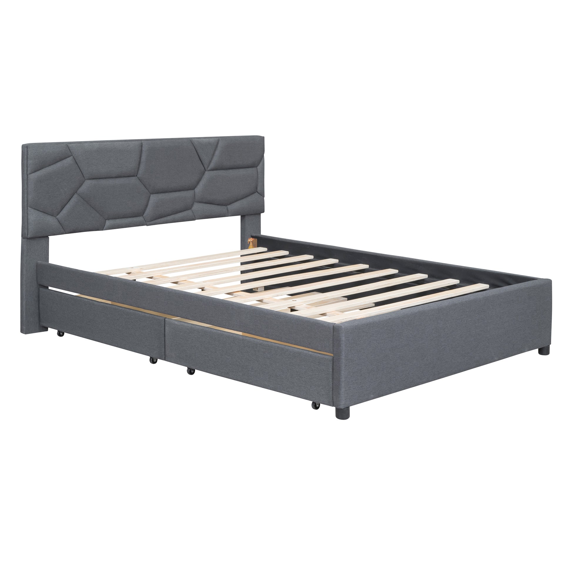 Queen Size Upholstered Platform Bed With Brick Pattern Headboard, With Twin Xl Size Trundle And 2 Drawers, Linen Fabric, Gray Gray Linen
