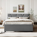 Queen Size Upholstered Platform Bed With Brick Pattern Headboard And Twin Xl Size Trundle, Linen Fabric, Gray Gray Linen