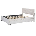 Queen Size Upholstered Platform Bed With Brick Pattern Headboard, With Twin Xl Size Trundle And 2 Drawers, Linen Fabric, Beige Beige Linen
