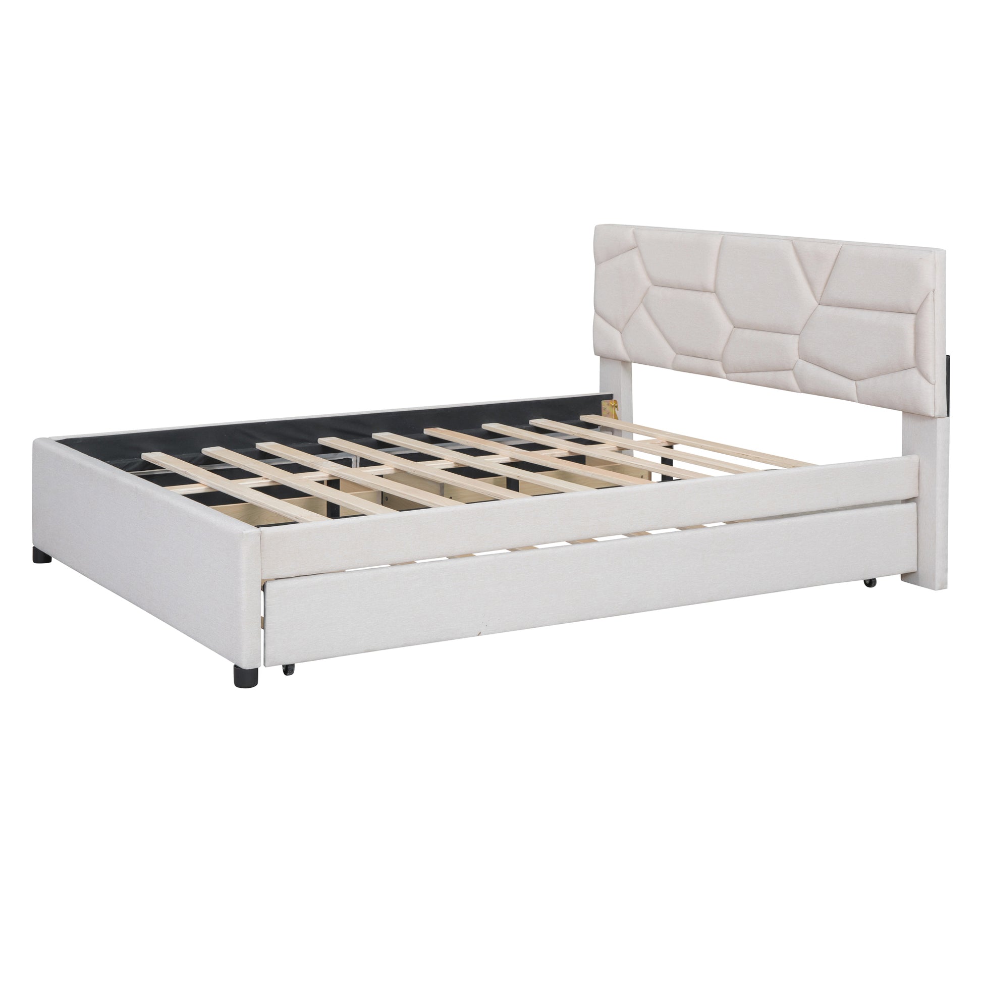 Queen Size Upholstered Platform Bed With Brick Pattern Headboard, With Twin Xl Size Trundle And 2 Drawers, Linen Fabric, Beige Beige Linen