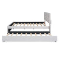 Full Size Upholstered Platform Bed With Brick Pattern Headboard And Twin Size Trundle, Linen Fabric, Beige Beige Linen